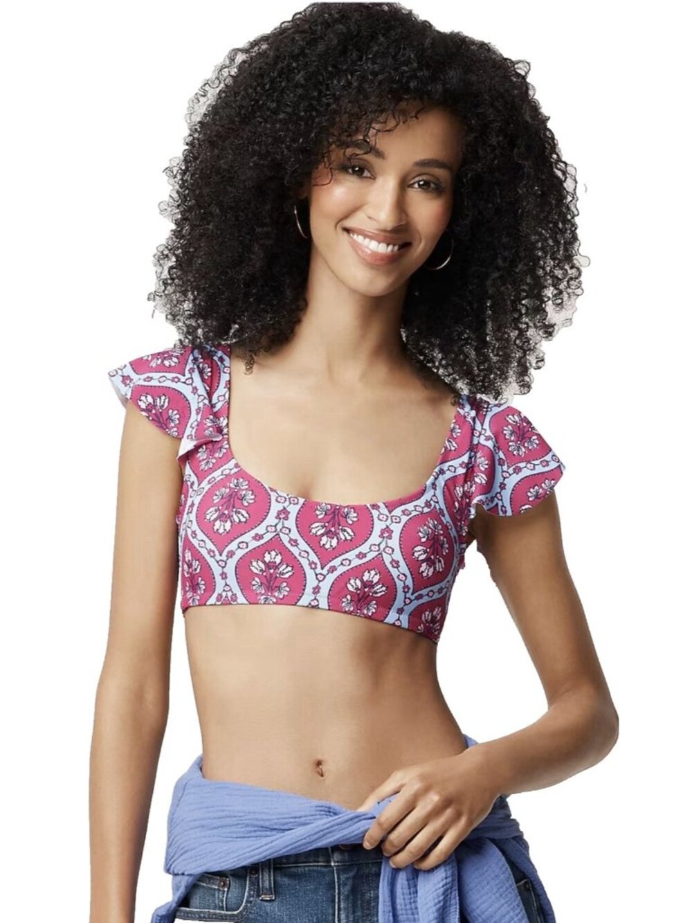 J.Crew SquareNeck Bikini Top Ruffle Sleeves Medallion Print Sz 2X Plum Multi NWT